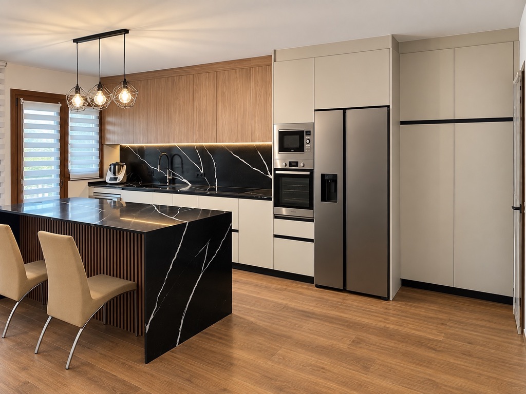Cocina a medida en madera y piedra negra
