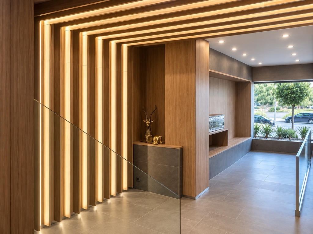 Portal revestido de madera con lamas retroiluminadas
