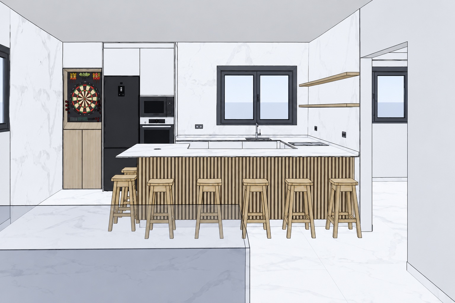 Diseño tridimensional de una cocina con isla antes de su fabricación