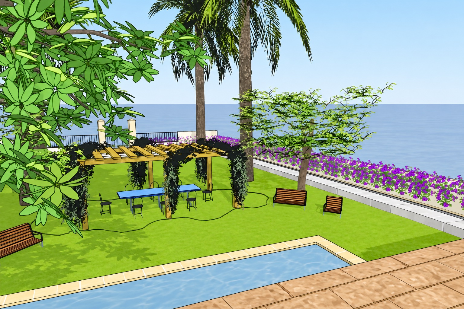 Diseño tridimensional de un jardín con pérgola y piscina